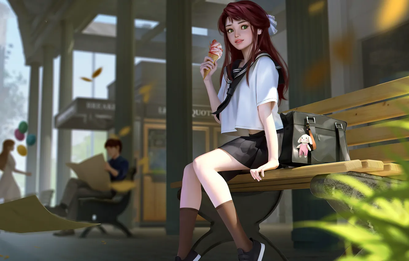 Photo wallpaper girl, anime, time, ice cream