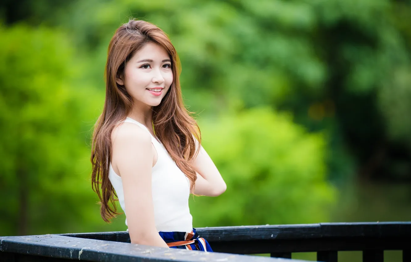 Photo wallpaper smile, positive, the fence, brown hair, Asian, gesture, cute girl