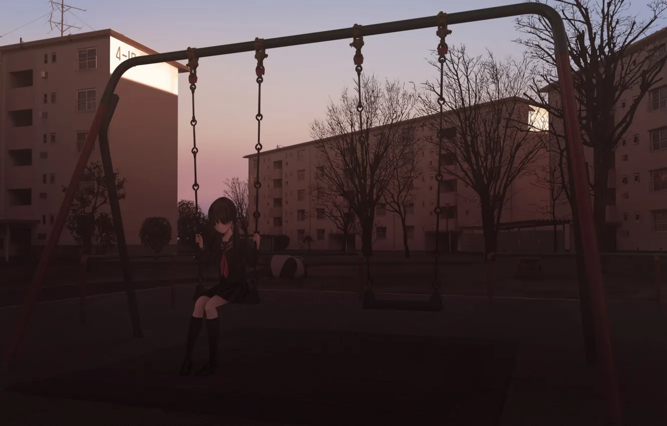 Photo wallpaper sadness, girl, sunset, swing, home, anime, art, form