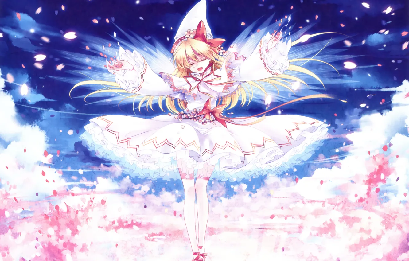 Photo wallpaper the sky, girl, clouds, flowers, wings, hat, petals, art