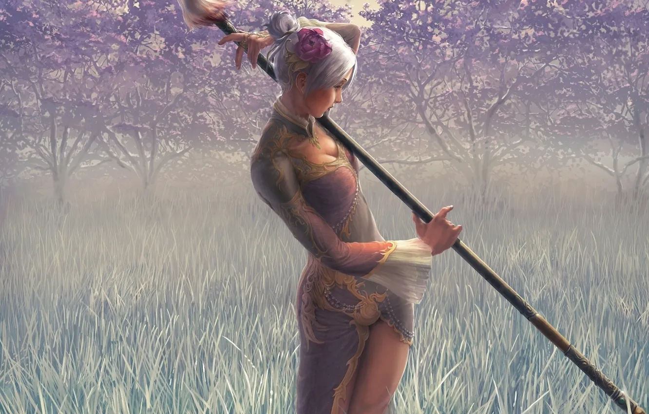 Photo wallpaper grass, girl, trees, weapons, dress, art, haze, spear