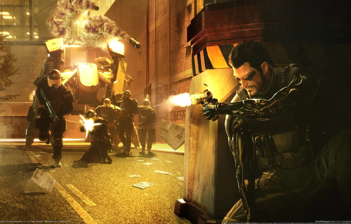 Photo wallpaper weapons, the game, police, human revolution, deus ex, Jensen