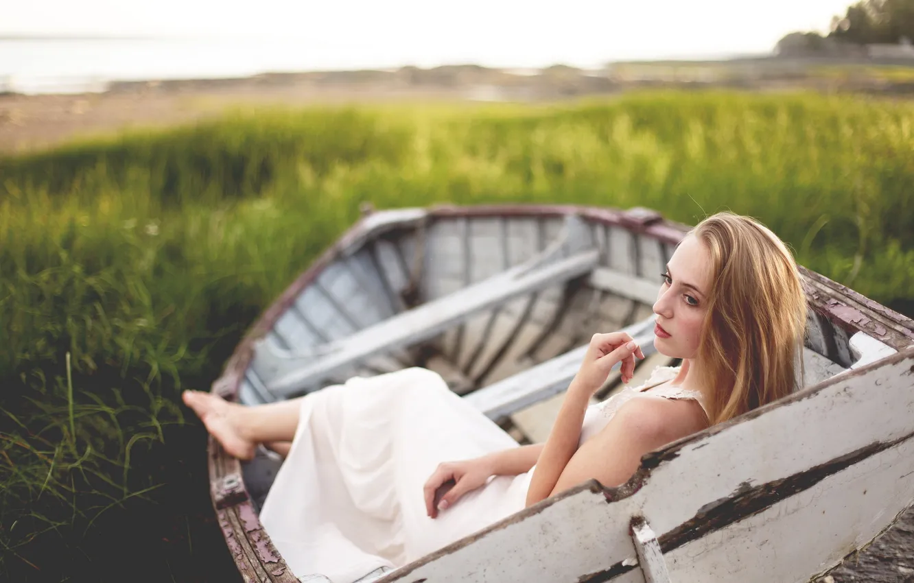 Photo wallpaper girl, nature, boat