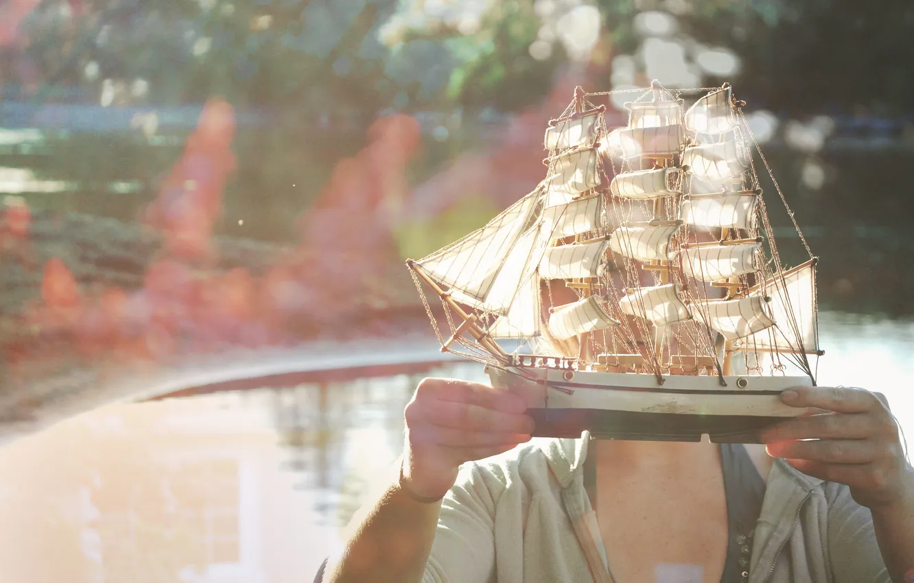Photo wallpaper girl, ship, sail