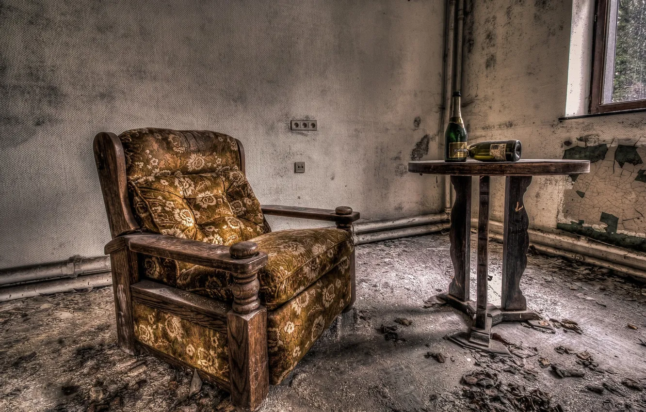 Photo wallpaper table, bottle, chair