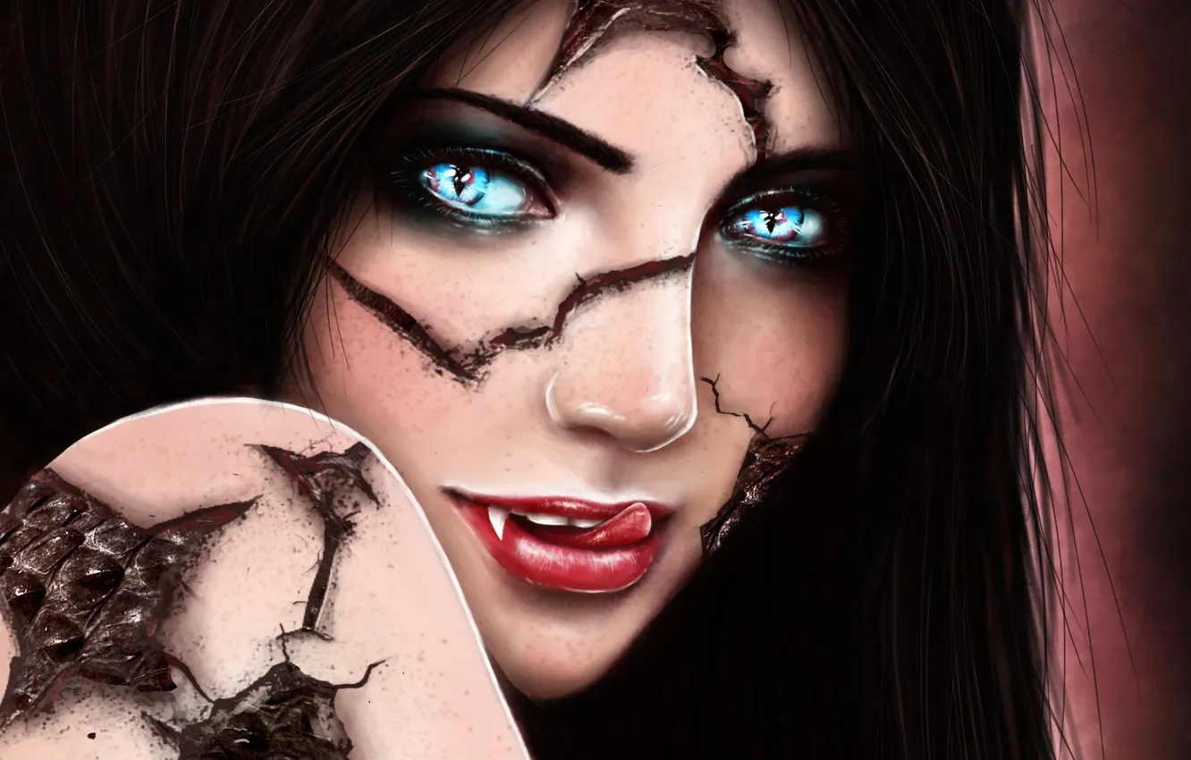 Photo wallpaper language, girl, face, cracked, smile, scales, fangs, League of Legends