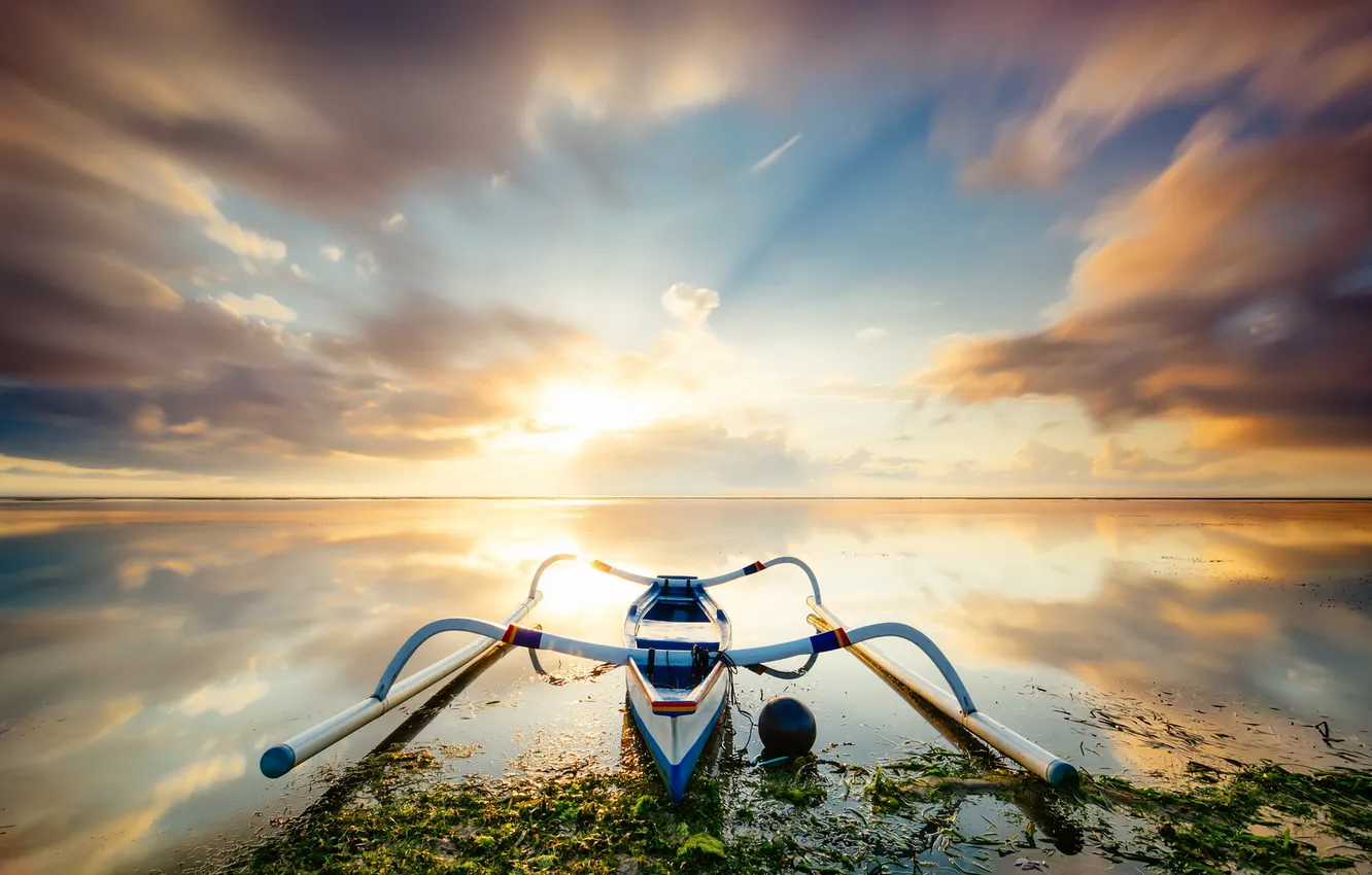 Photo wallpaper sea, the sky, landscape, boat
