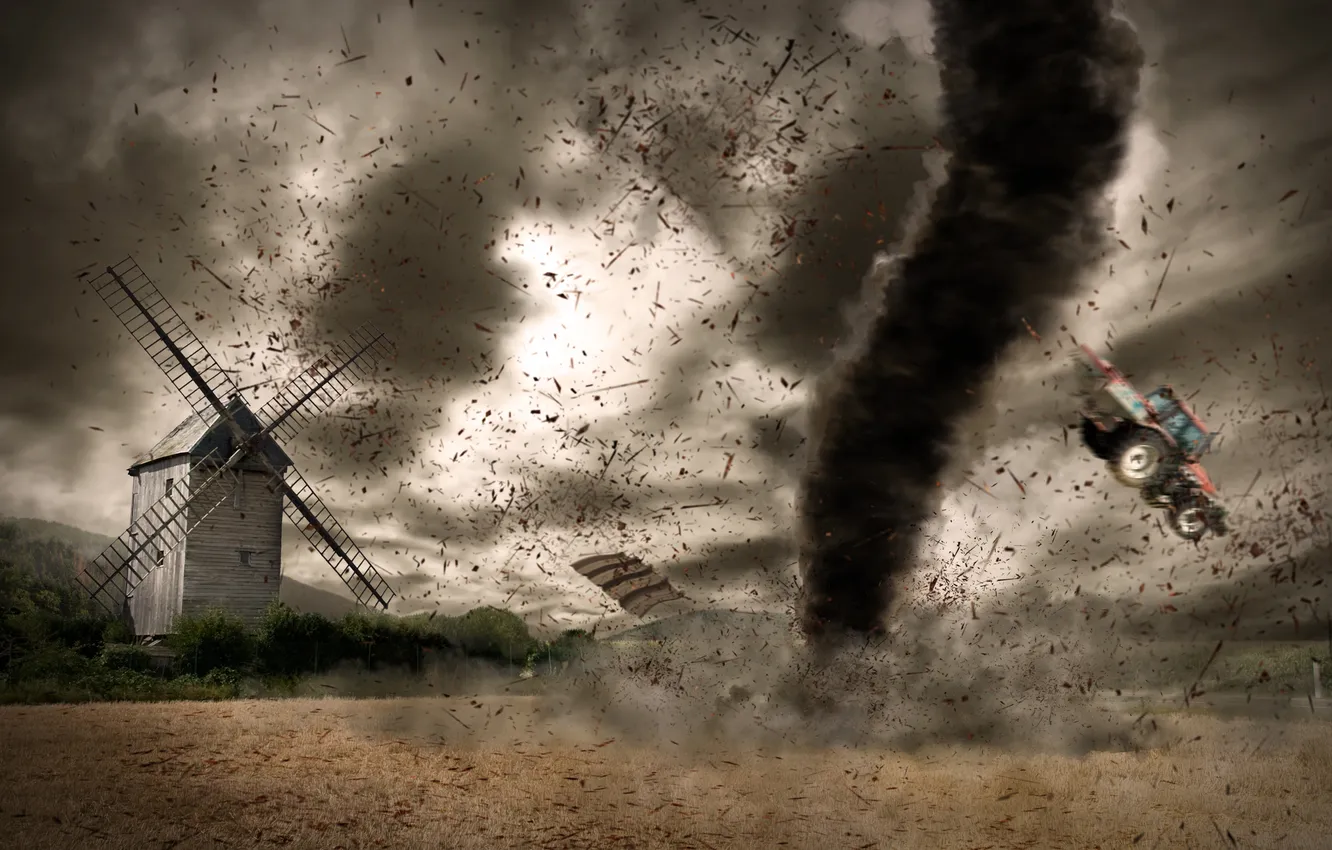 Photo wallpaper field, smoke, disaster, mill, tractor, meteorite