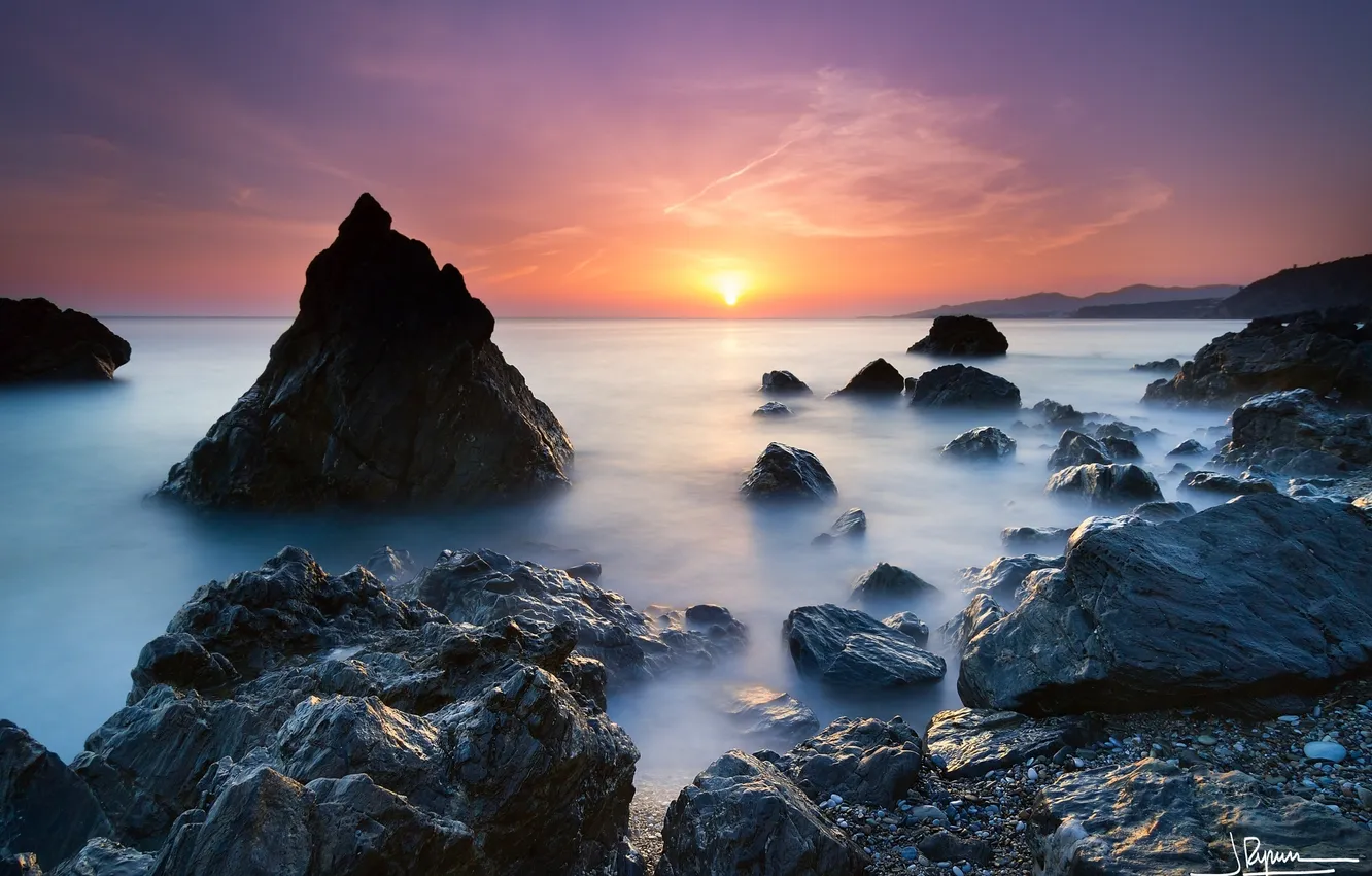 Photo wallpaper the ocean, rocks, dawn, coast