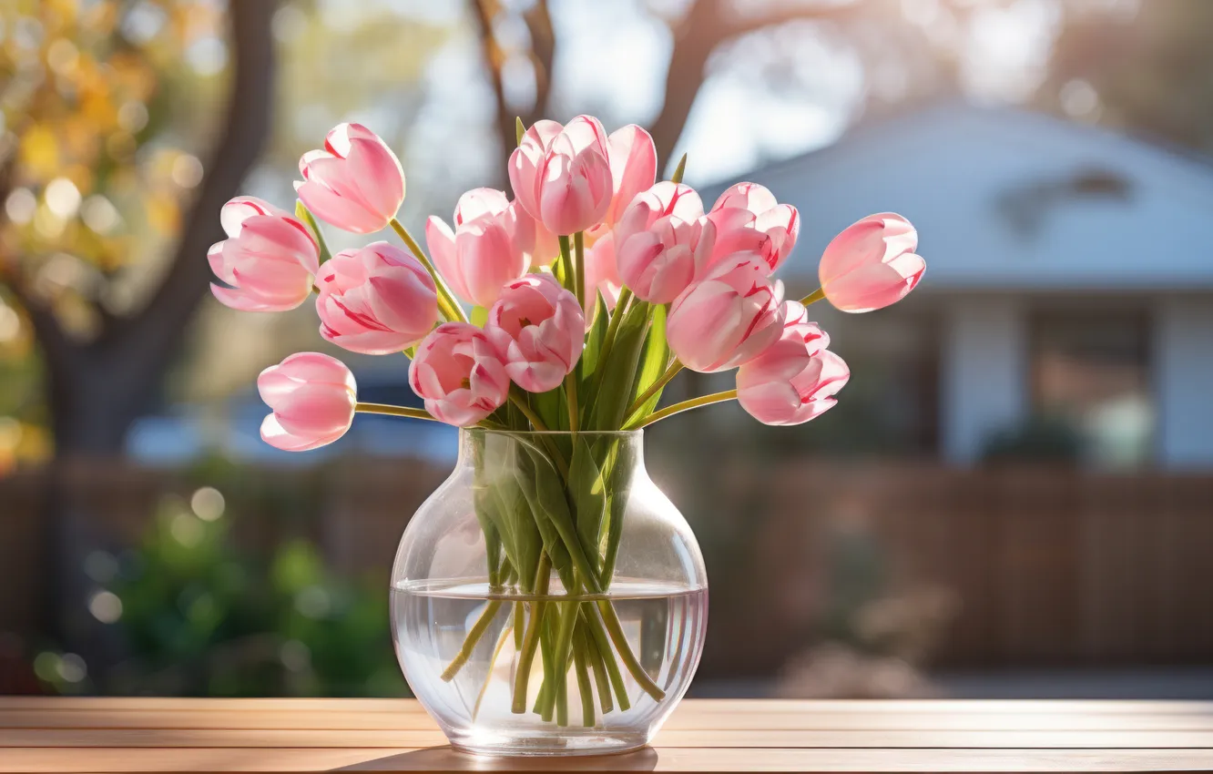 Photo wallpaper bouquet, spring, tulips, vase