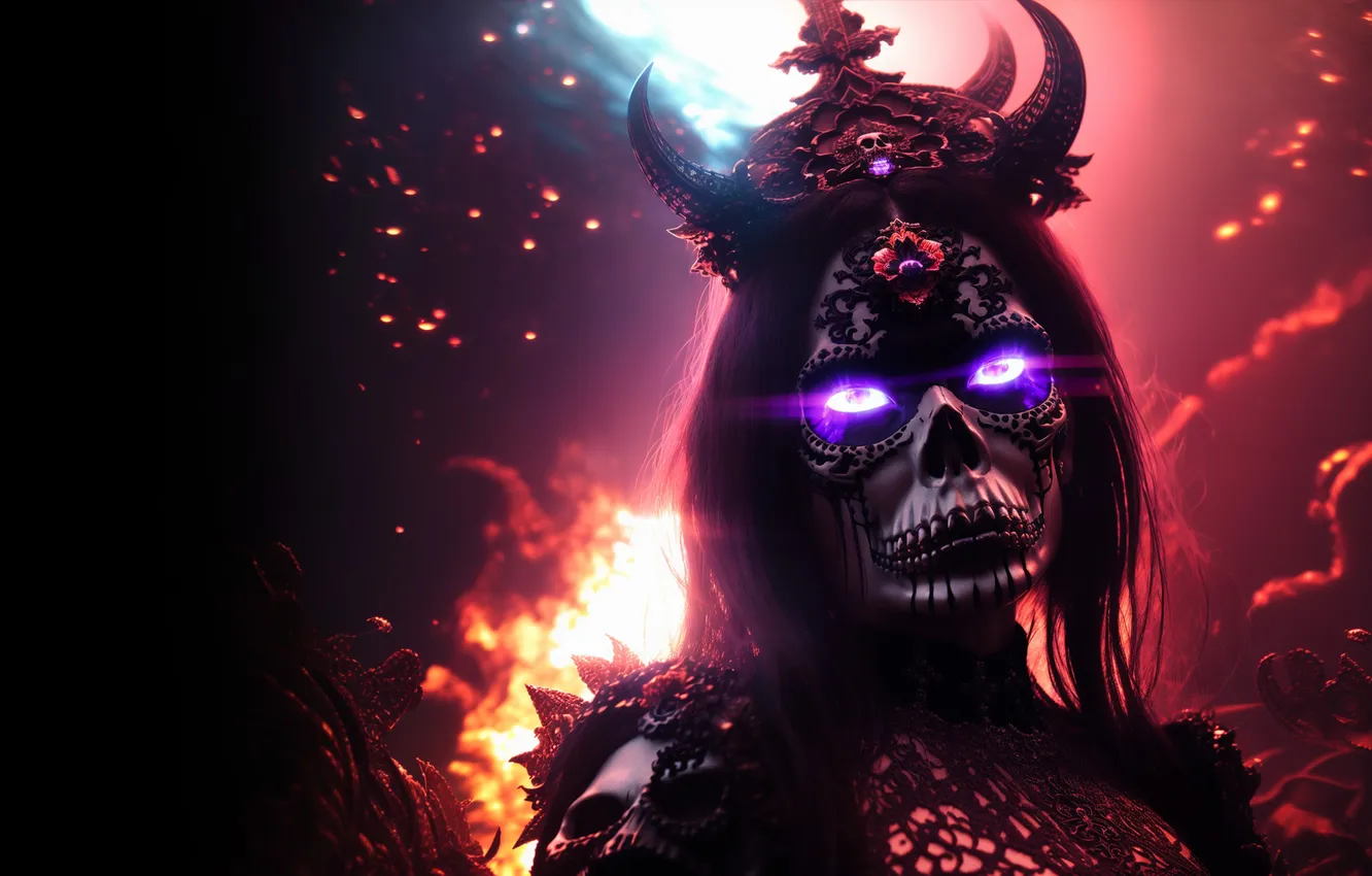 Photo wallpaper girl, lights, skull, horns, deity