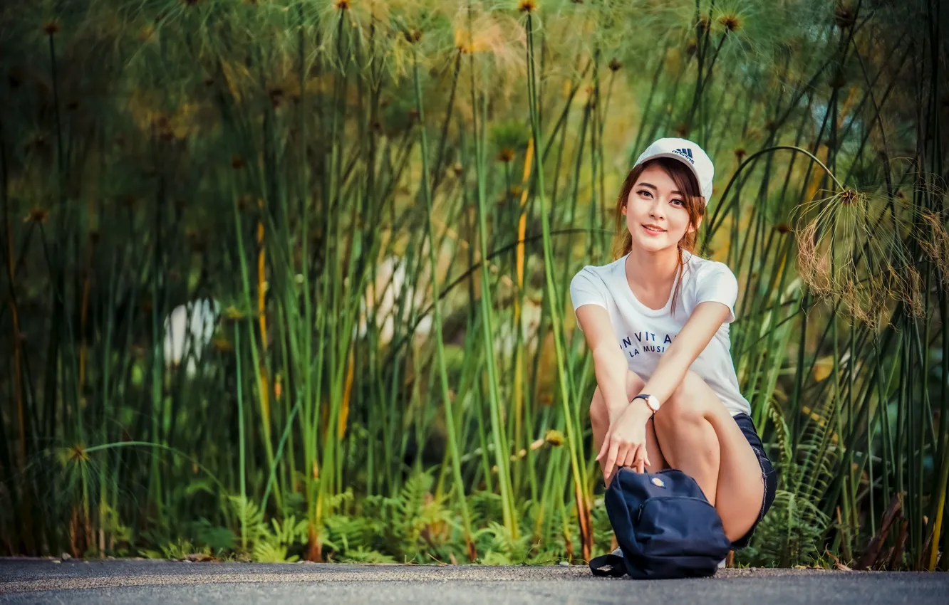Photo wallpaper look, girl, t-shirt, cap, bag, Asian, sitting, bokeh