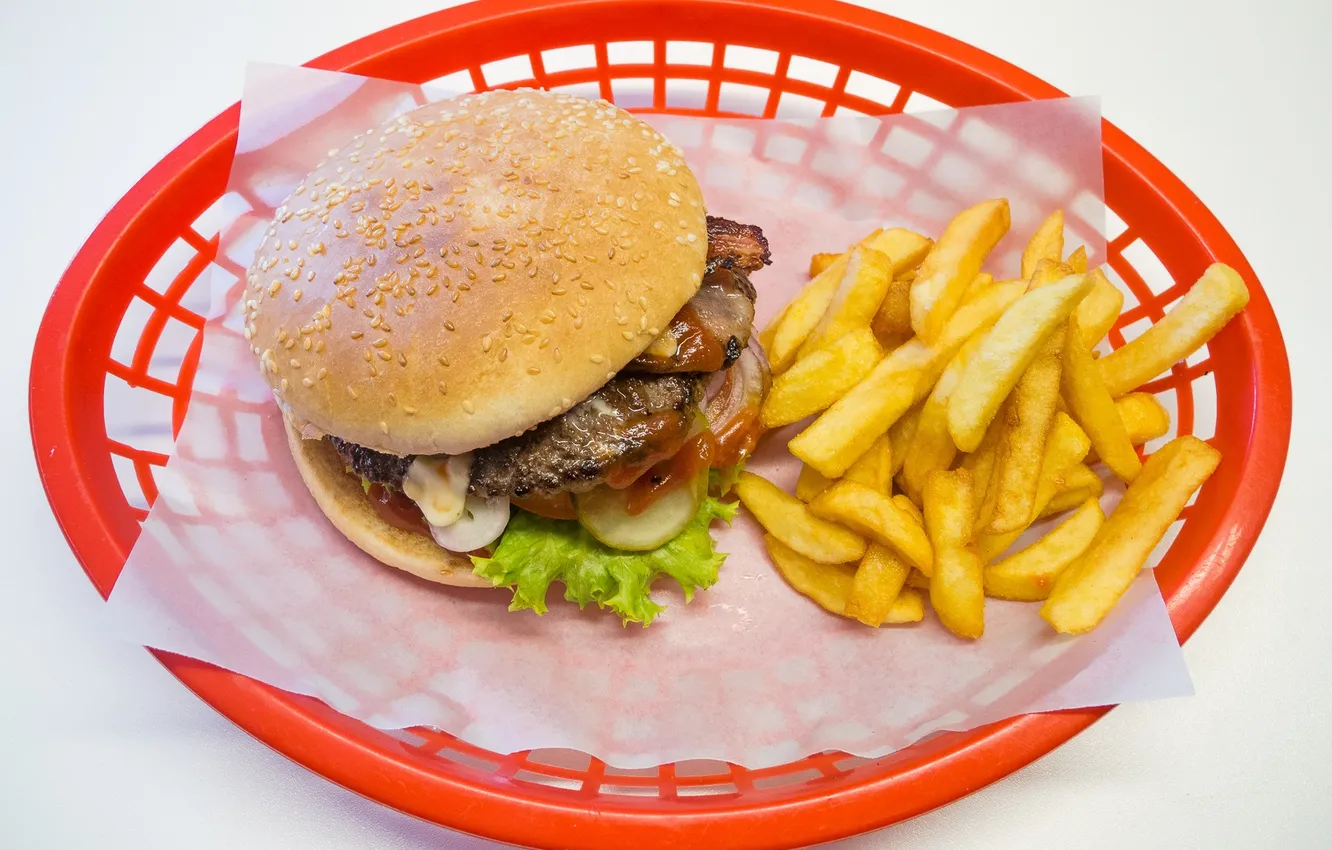 Photo wallpaper food, basket, hamburger, sandwich, potatoes, fries