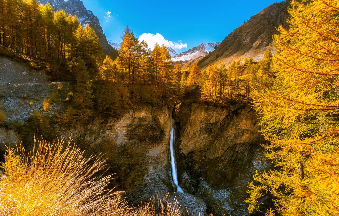Photo wallpaper France, Nature, Mountains, Waterfall, Autumn, Trees, Rock, Alps