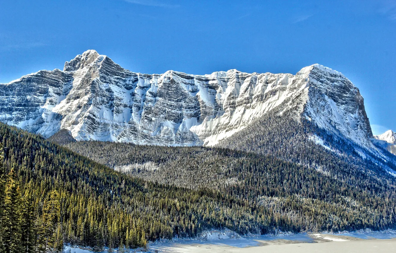 Photo wallpaper snow, Canada, top, coniferous trees, Mount Sarrail, lake Aster, mountain Sarrail, ridge