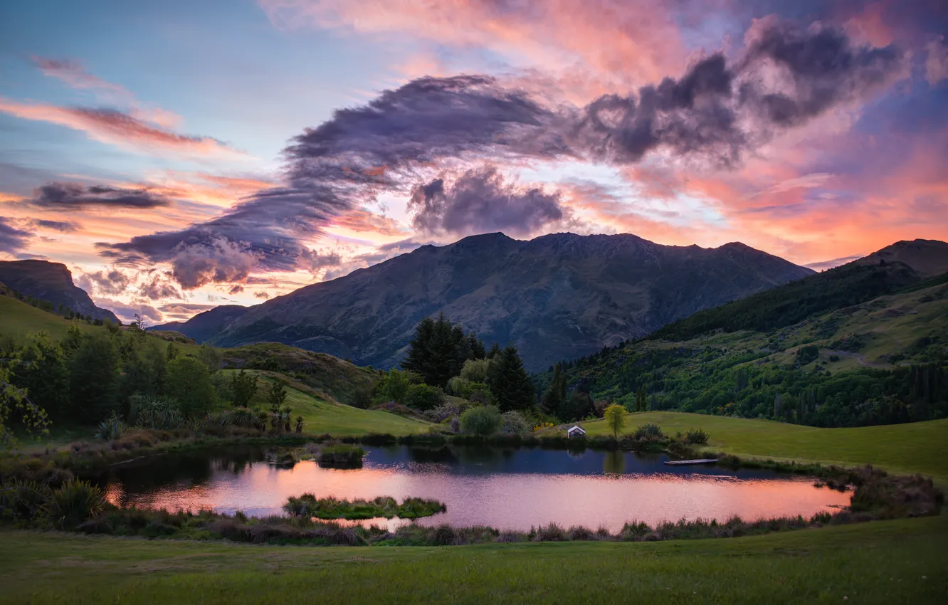 Photo wallpaper clouds, sunset, mountains, lake