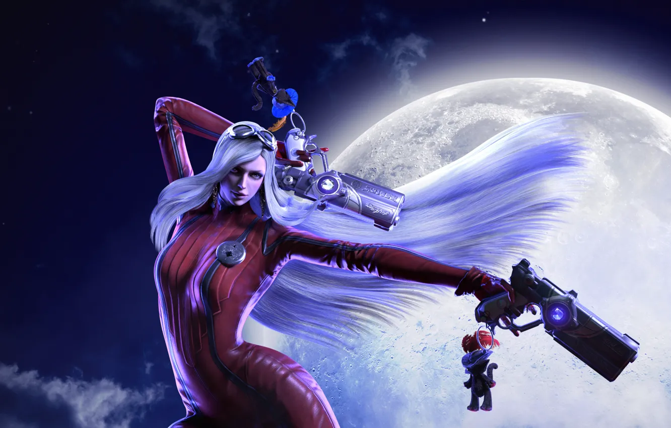 Photo wallpaper girl, night, gun, the moon, witch, the full moon, bayonetta, Platinum Games