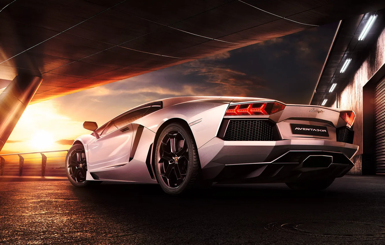 Photo wallpaper Lamborghini, Sky, Sunset, Beauty, LP700-4, Aventador, Supercar, Reflection