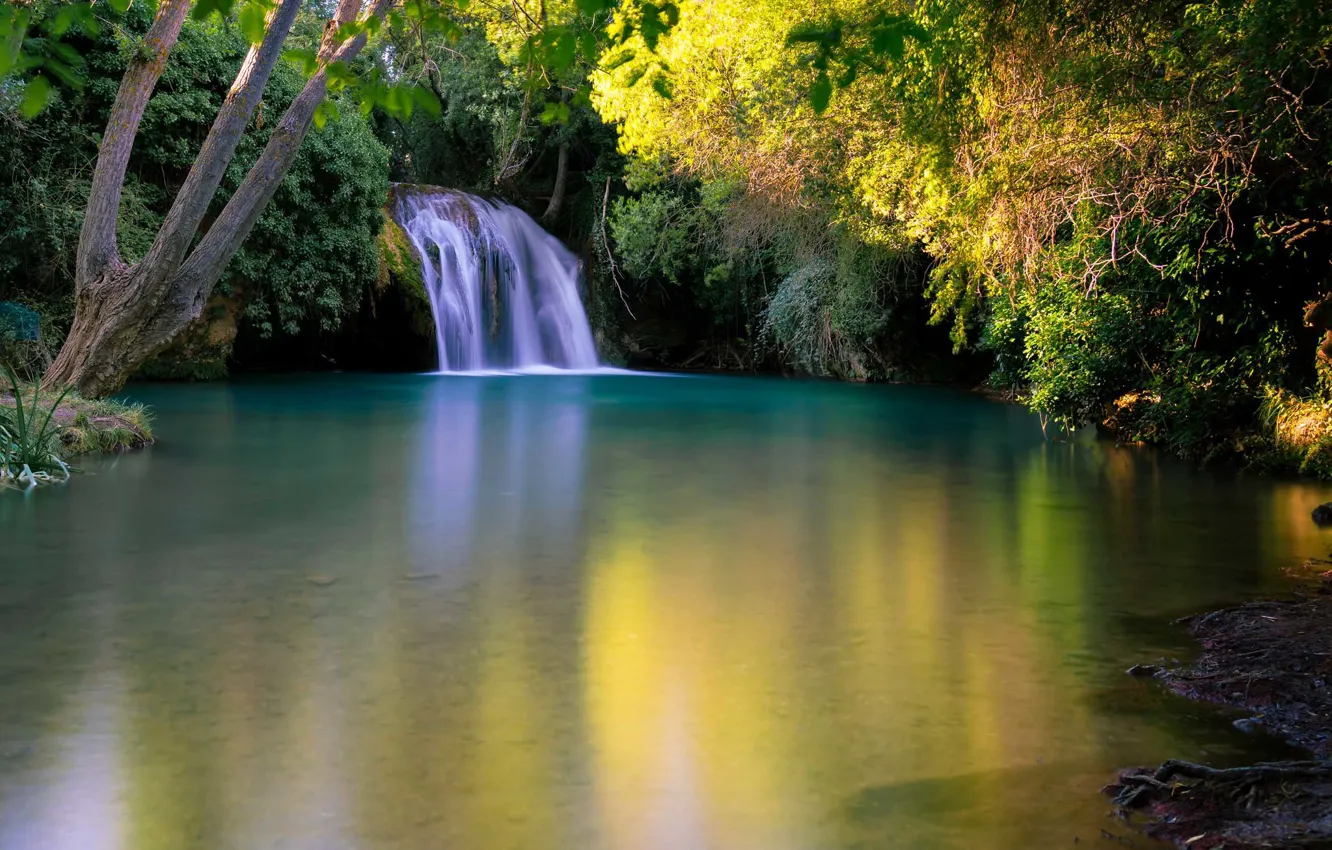 Photo wallpaper forest, lake, waterfall, Spain, cascade