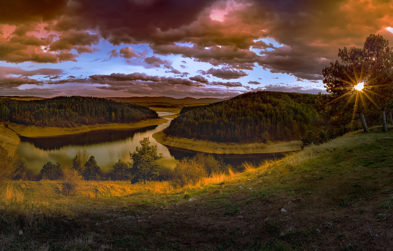 Photo wallpaper forest, the sun, sunset, clouds, river, hills, view, slope