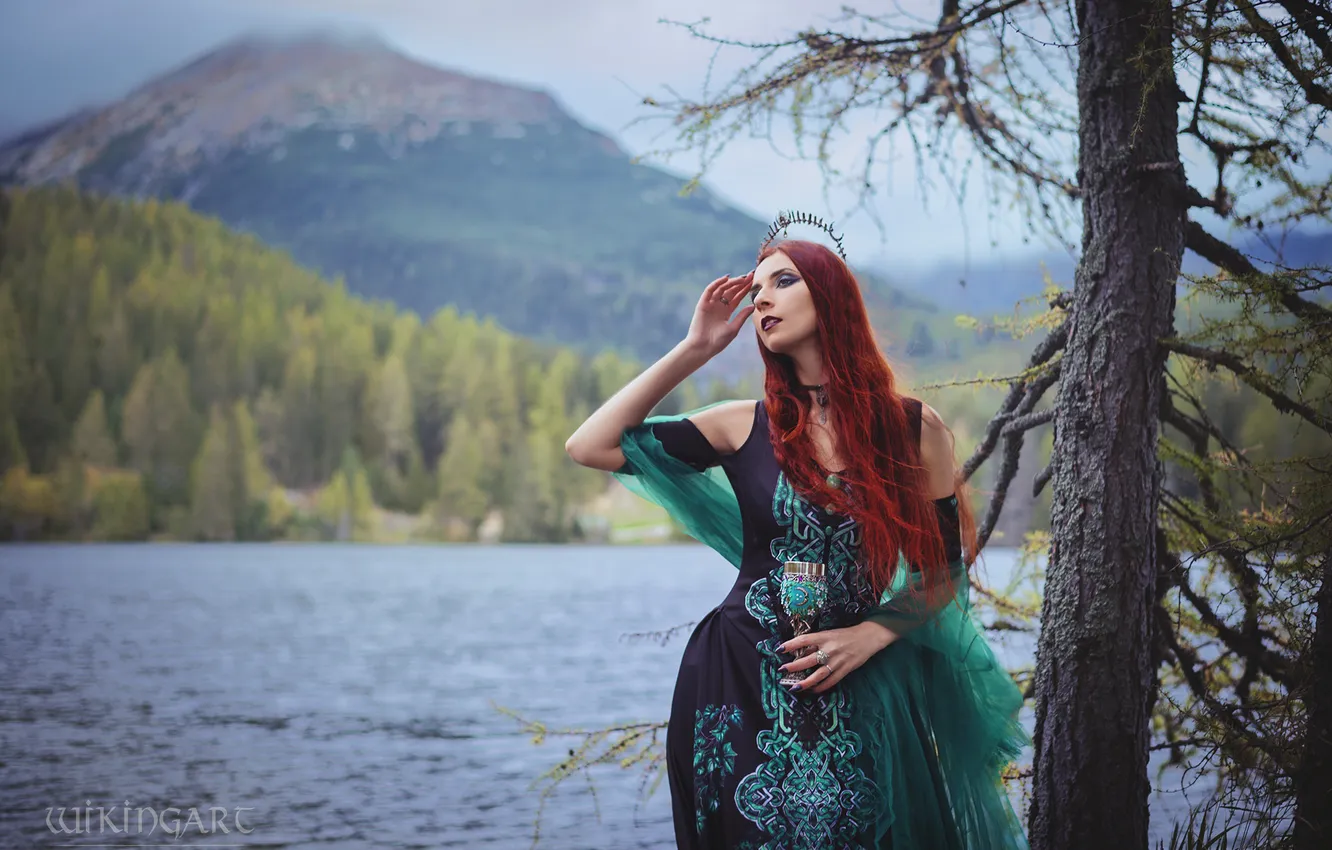 Photo wallpaper look, girl, nature, pose, makeup, dress, fantasy, outfit