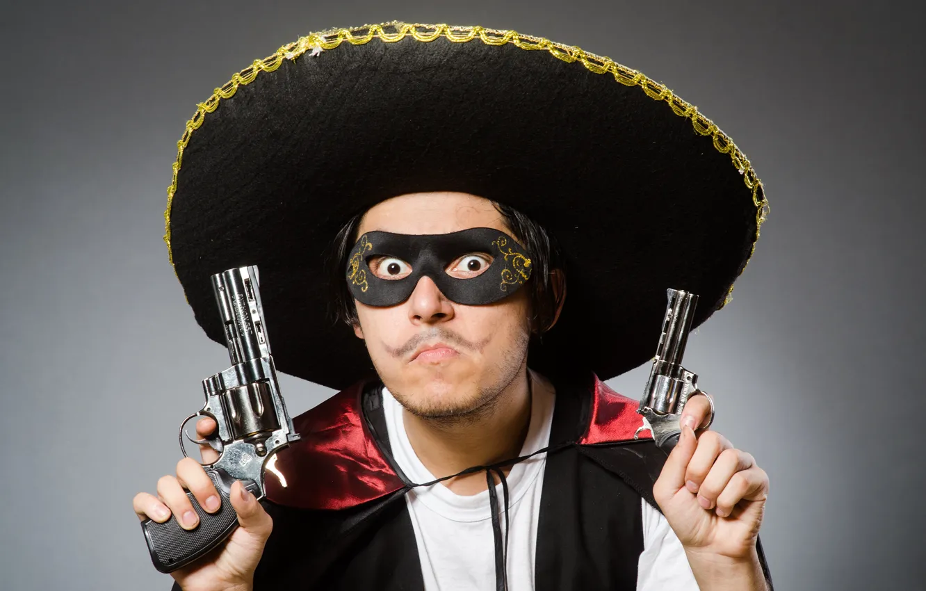 Photo wallpaper look, pose, gun, weapons, background, hat, hands, mask