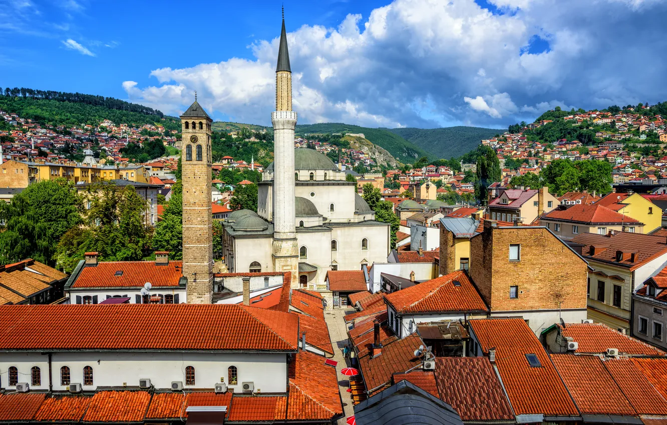 Photo wallpaper the sky, clouds, mountains, the city, building, home, architecture, Bosnia and Herzegovina