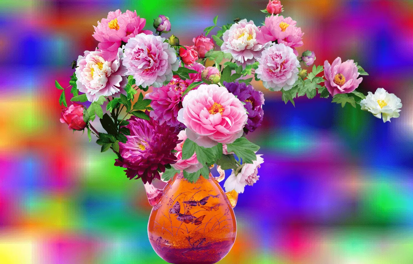 Photo wallpaper flowers, beauty, bouquet, vase, buds, cover, peonies