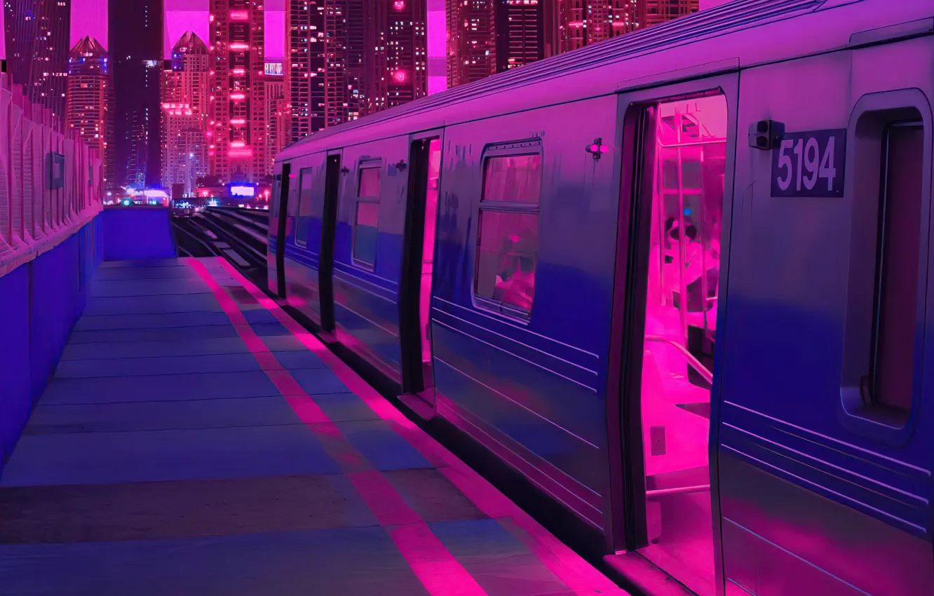 Photo wallpaper night, city, the city, train, neon, cars, platform, Neon