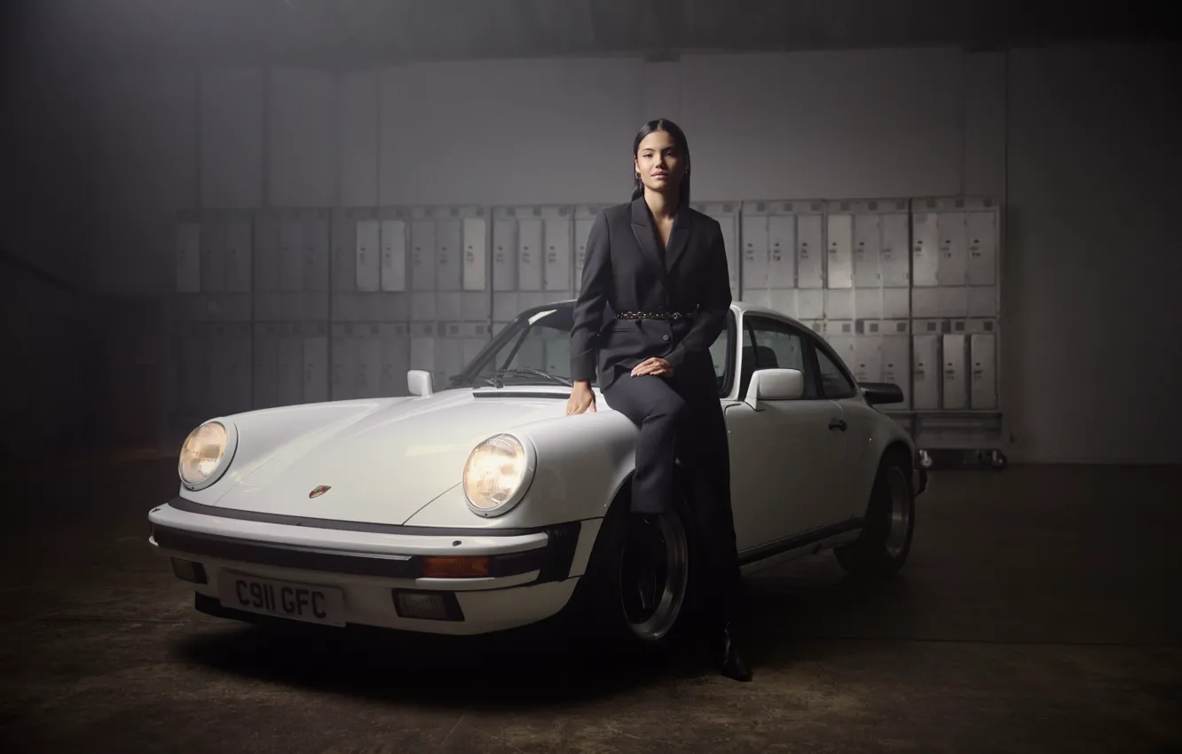 Photo wallpaper girl, style, Porsche 911 Carrera, Brunnette, professional tennis player, Brand ambassador, Emma Raducanu