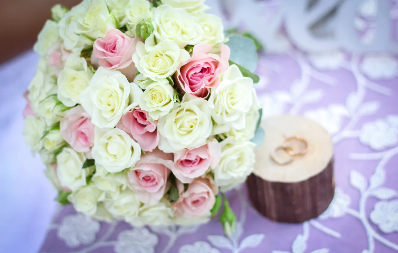 Photo wallpaper roses, white, white roses, pink, wedding bouquet, roses, wedding