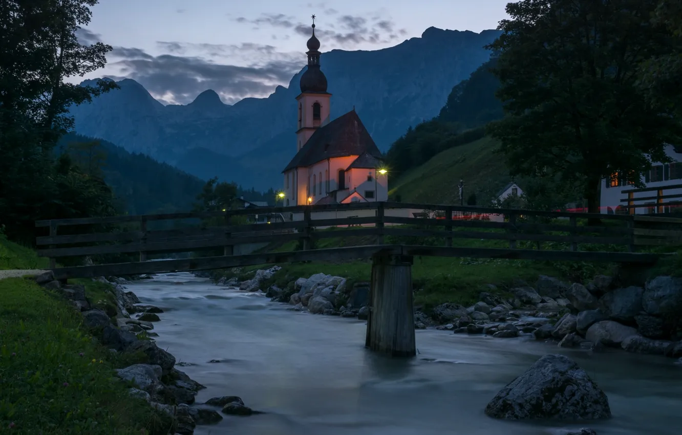 Wallpaper Mountains, Bridge, River, Germany, Bayern, Church, Germany ...