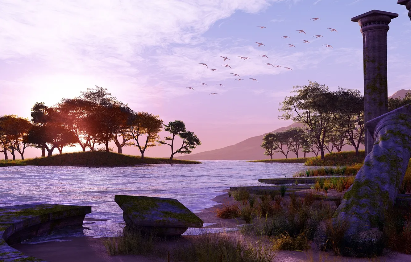 Photo wallpaper water, clouds, trees, mountains, bird, columns, sunset temple