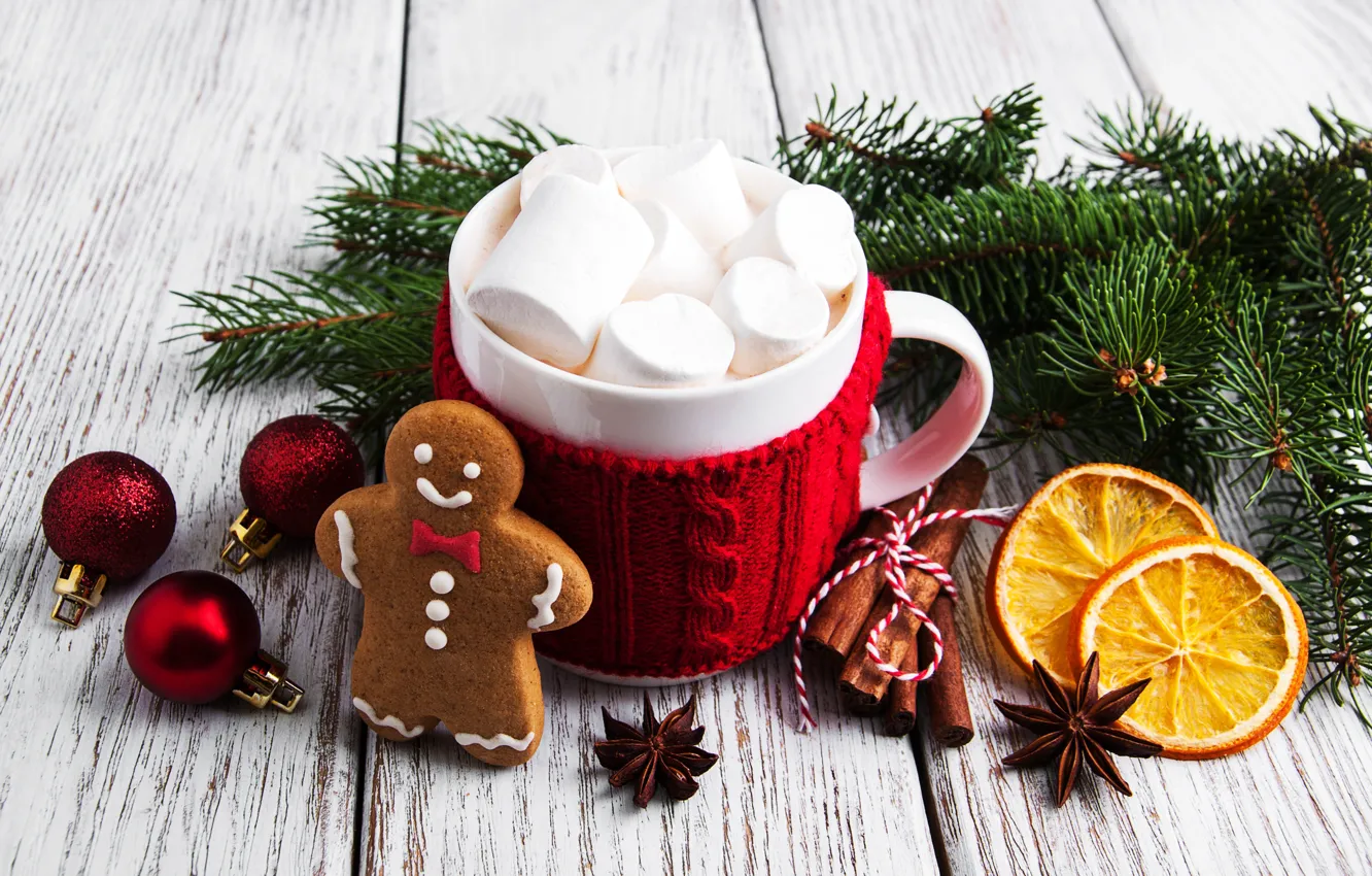 Photo wallpaper decoration, new year, Christmas, Christmas, wood, cup, cocoa, cookies