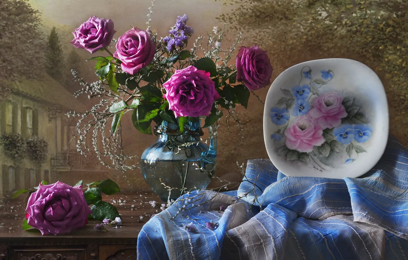 Photo wallpaper flowers, roses, plate, fabric, pitcher, Valentina Fencing