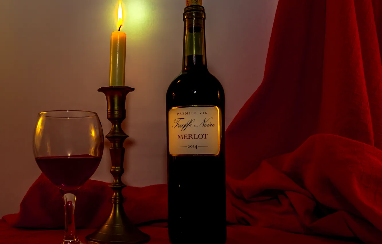 Photo wallpaper fire, wine, red, glass, bottle, candle