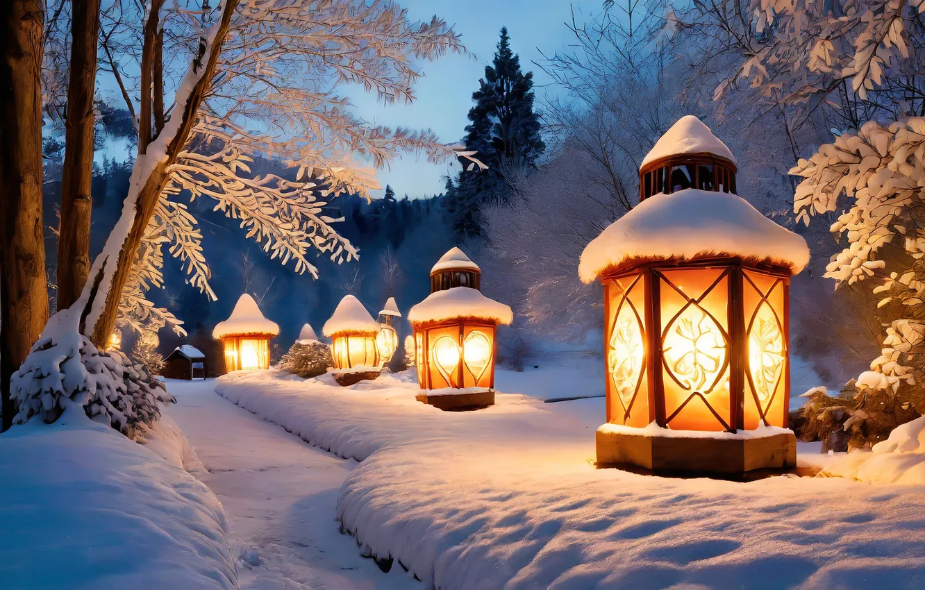 Photo wallpaper winter, snow, night, new year, Christmas, lights, Christmas, night