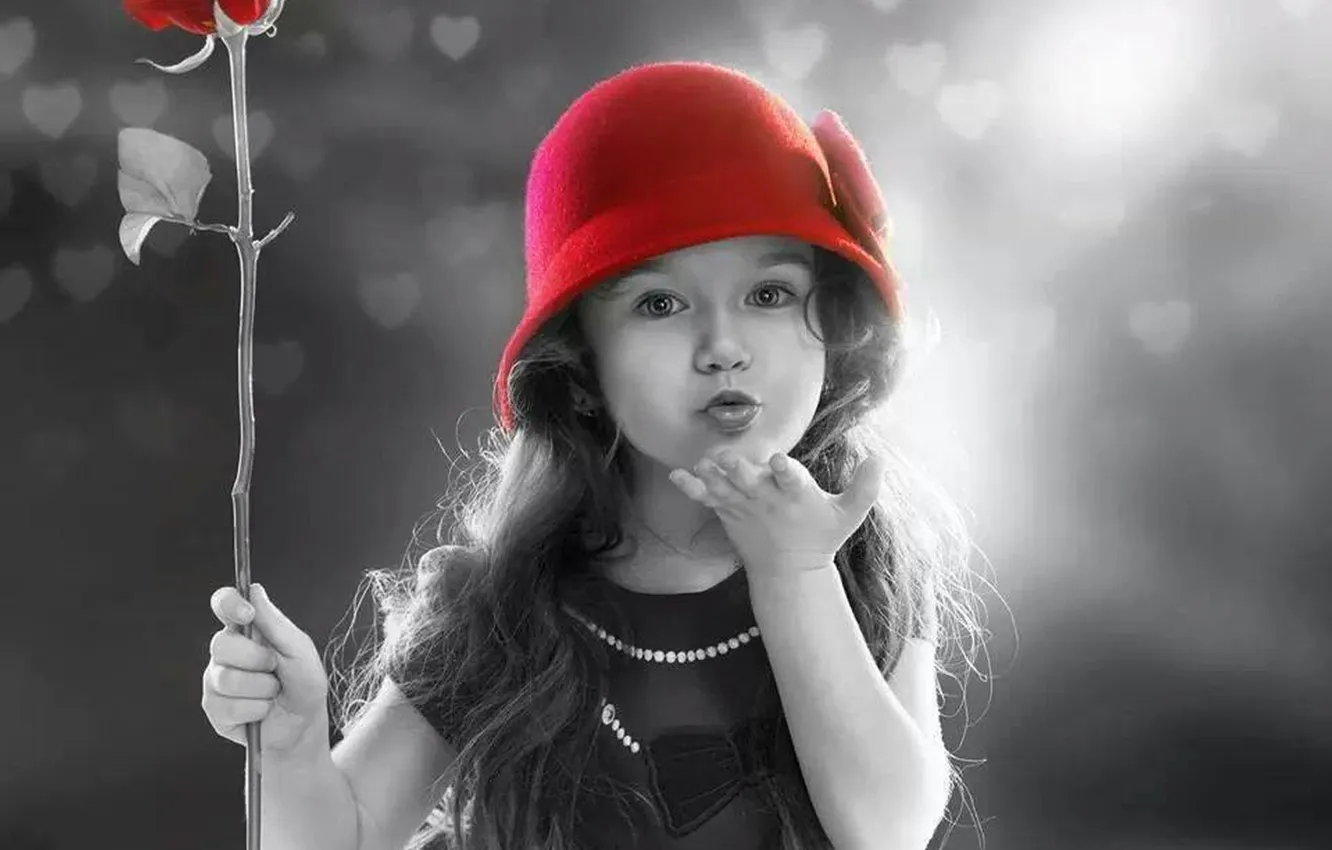 Photo wallpaper red, girl, rose, black, kiss, child