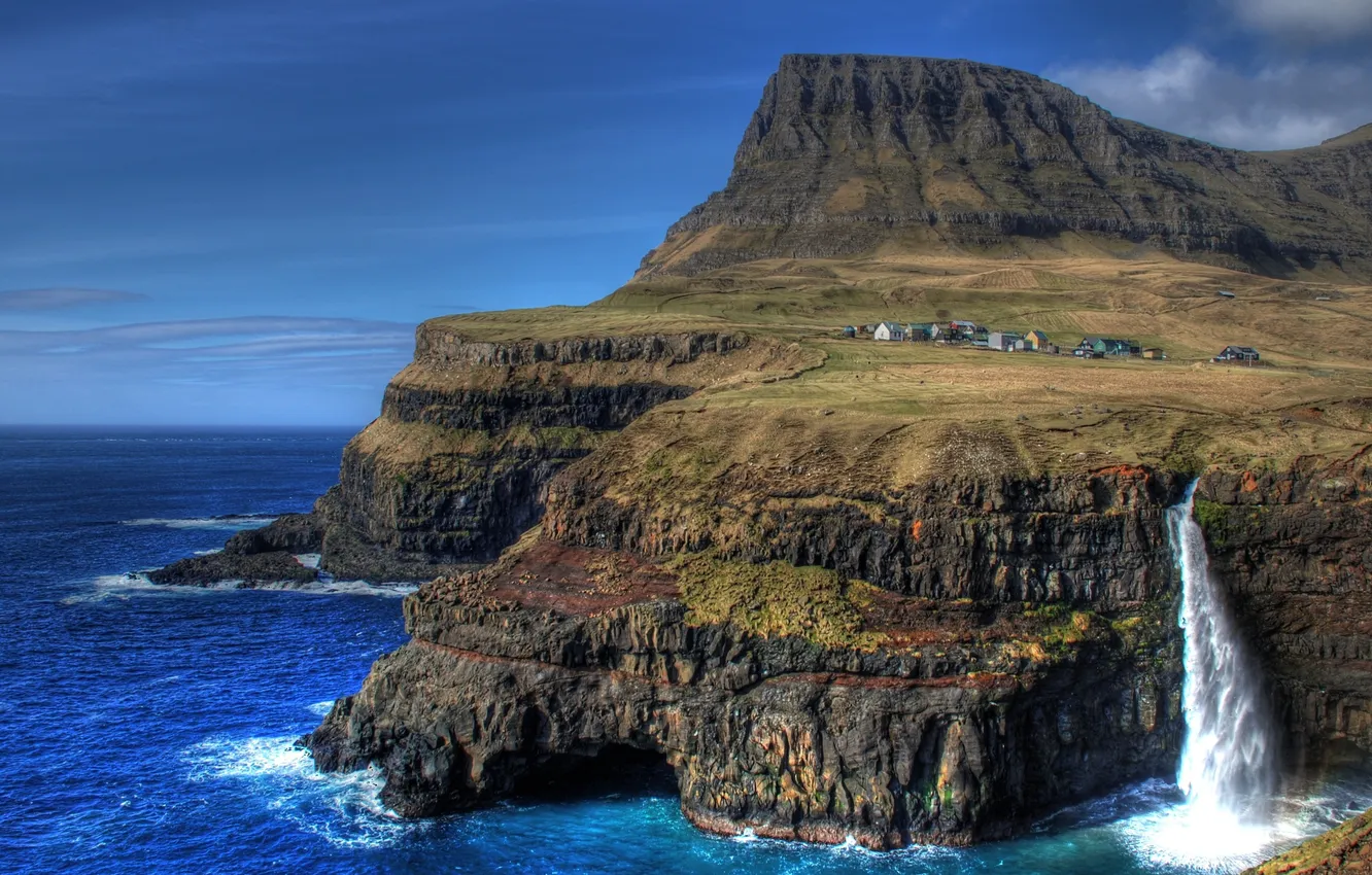 Photo wallpaper rocks, island, waterfall, village, island