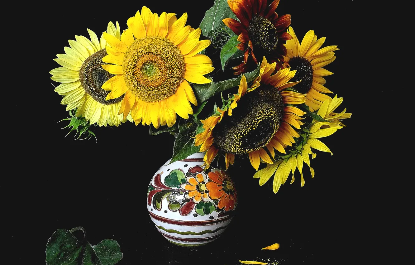 Photo wallpaper sunflowers, bouquet, petals, pitcher