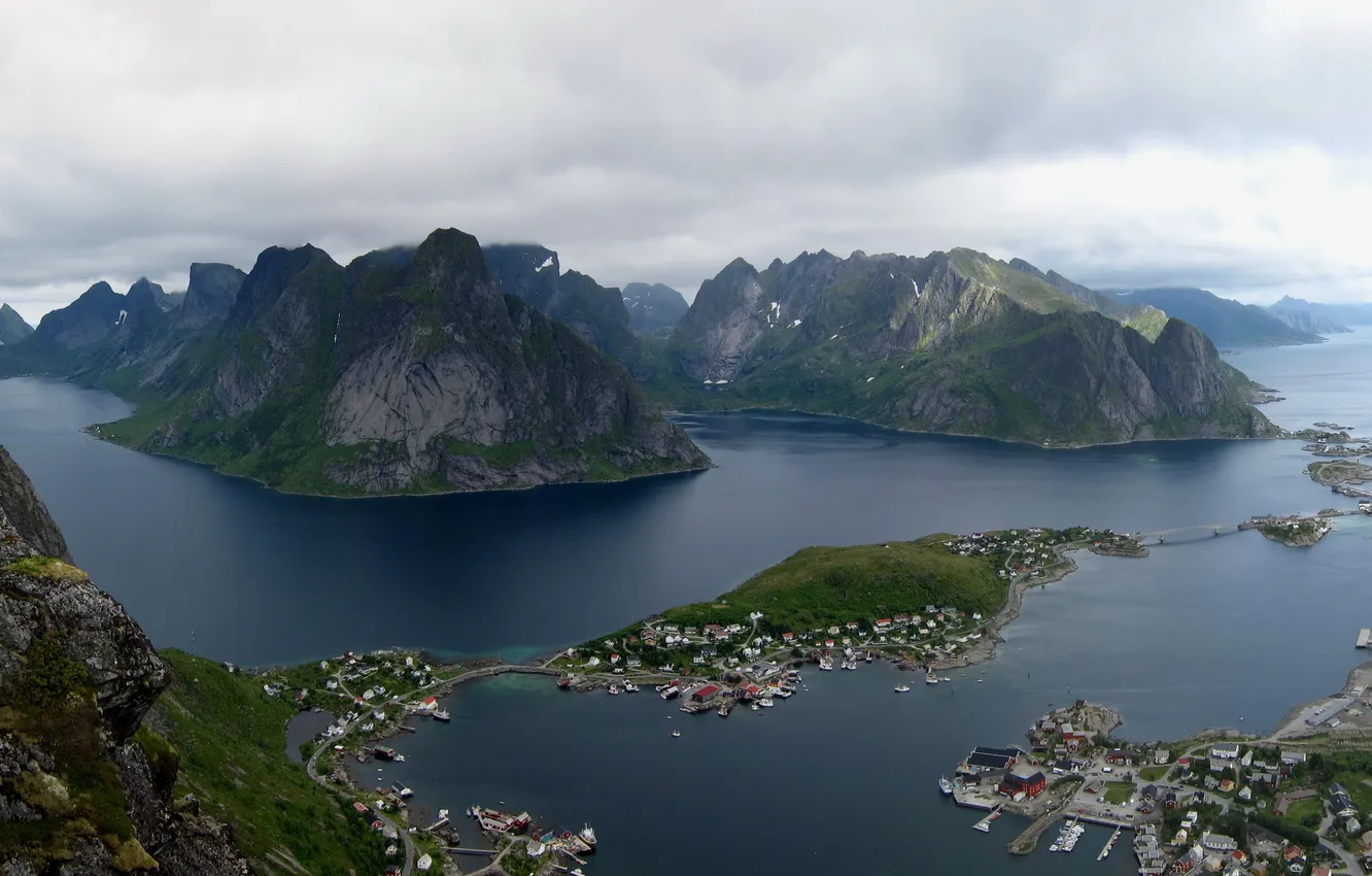 Photo wallpaper mountains, bridge, island, Norway, Norway, islands, town., Lofoten