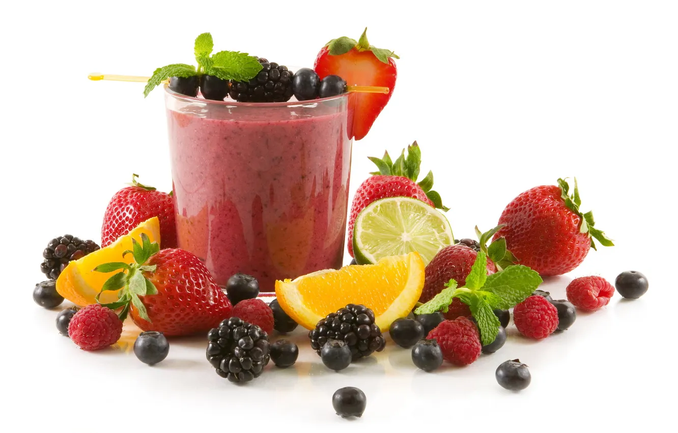 Photo wallpaper berries, raspberry, glass, orange, strawberry, fruit, BlackBerry, juicy