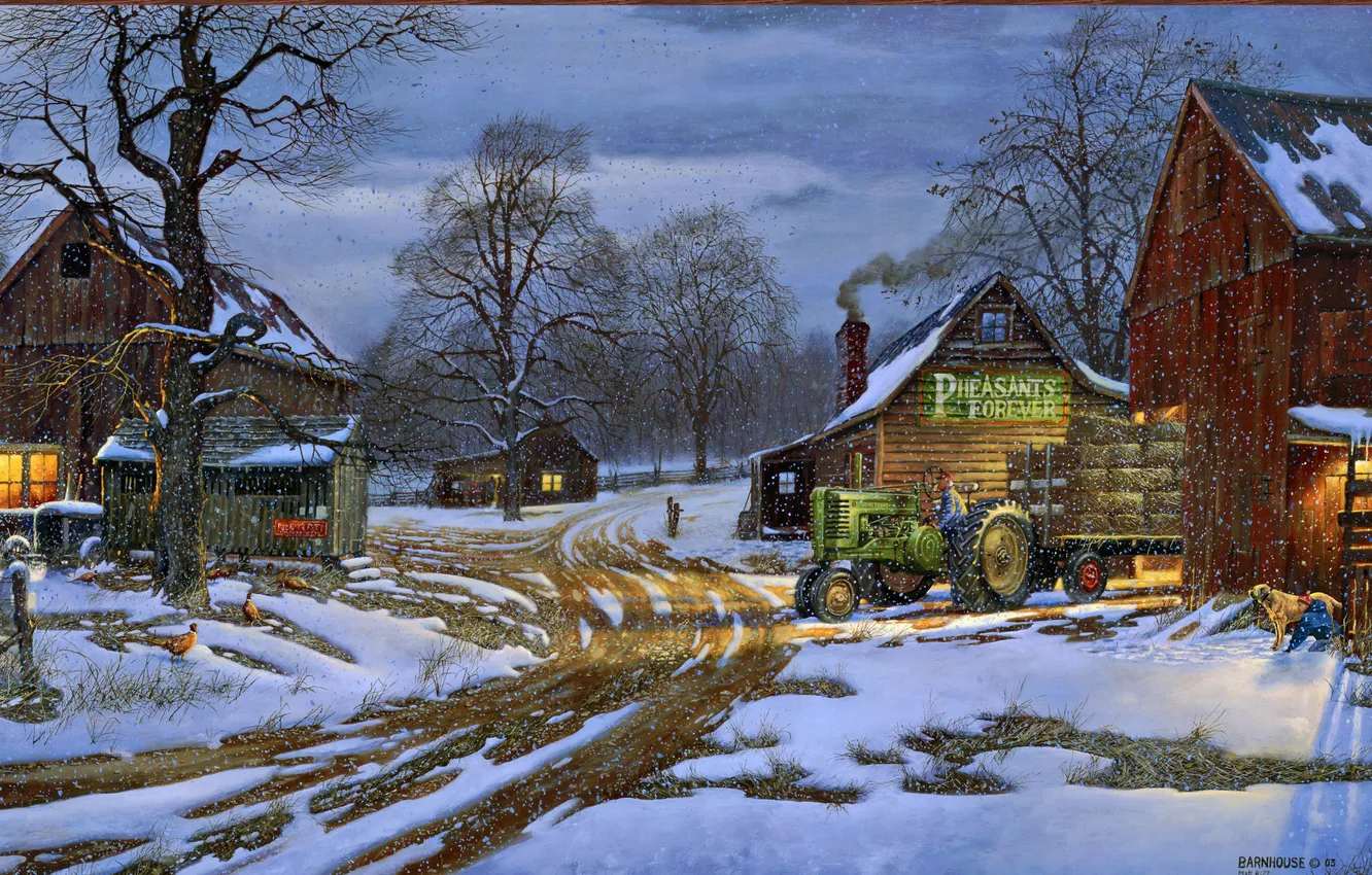 Photo wallpaper winter, snow, house, dog, tractor, farm, farmer