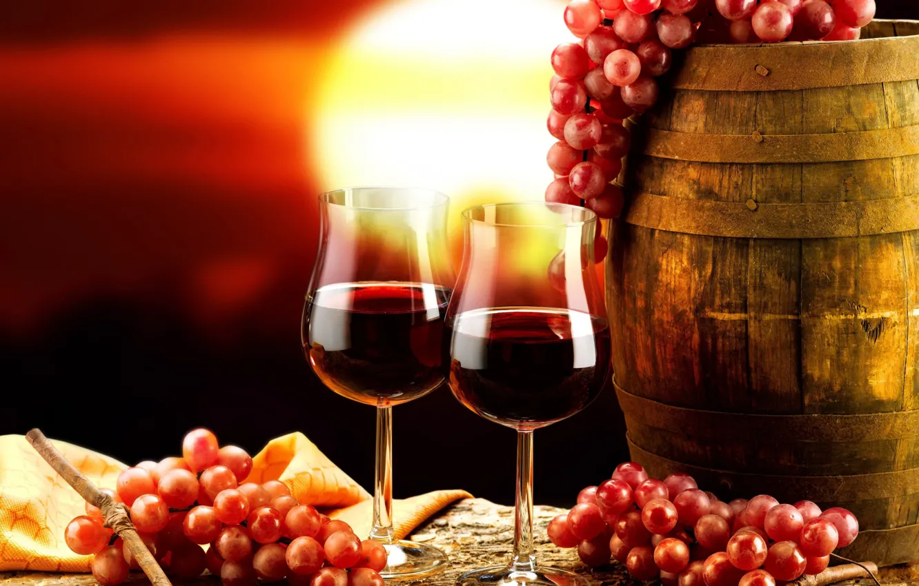 Photo wallpaper background, wine, glass, grapes, barrel, tablecloth