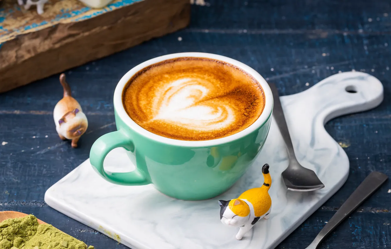 Photo wallpaper cat, coffee, Cup, figures, foam