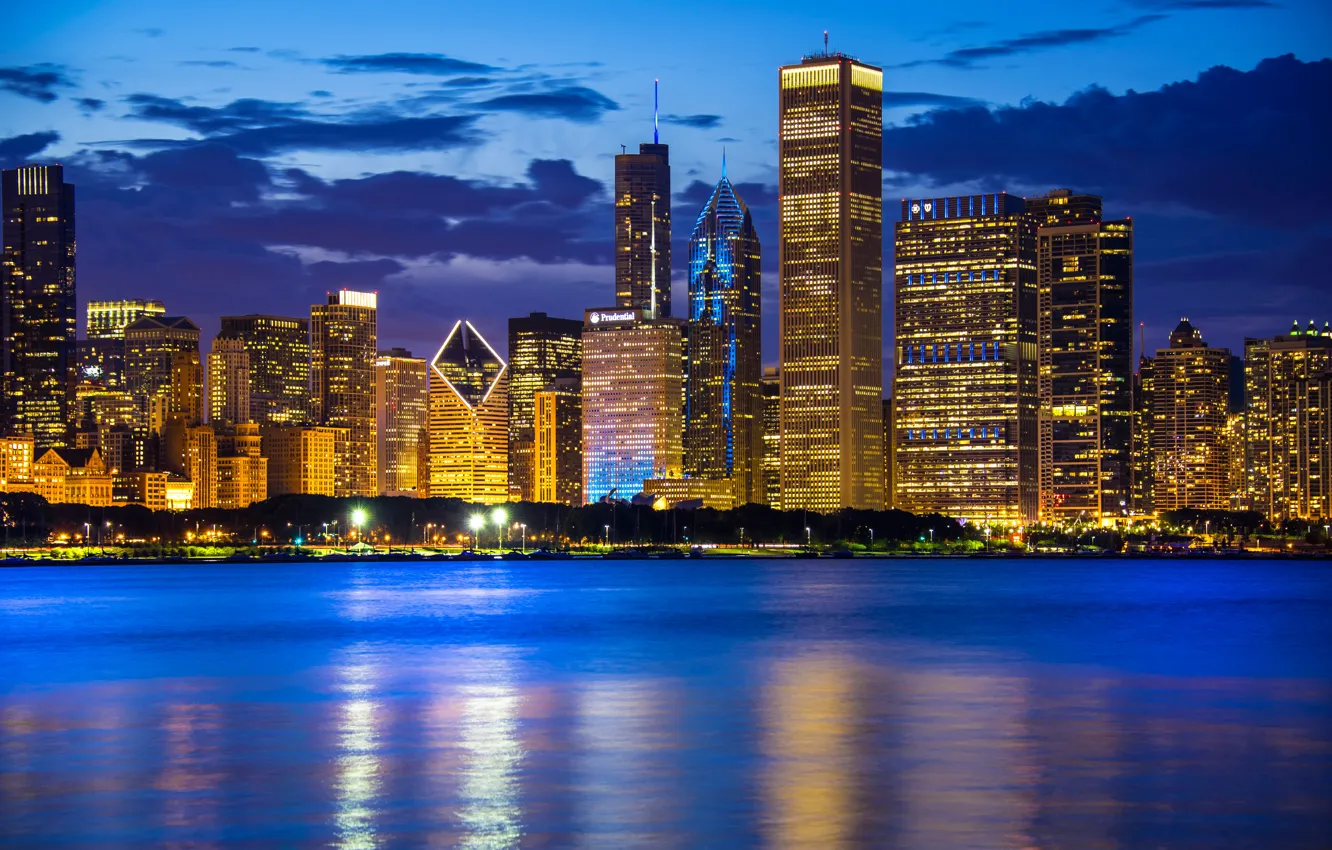 Photo wallpaper water, lake, building, Chicago, Il, night city, Chicago, Illinois