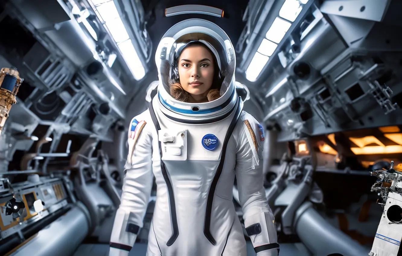 Photo wallpaper girl, space, stars, fiction, the universe, astronaut, station, the suit