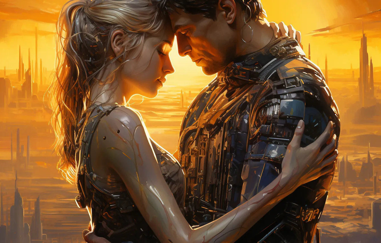 Photo wallpaper Girl, Love, Dawn, Two, Male, Digital art, AI art, The Art of Artificial Intelligence