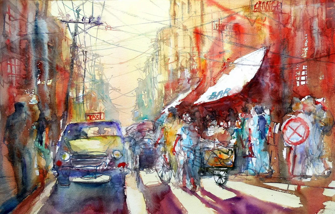 Photo wallpaper the city, street, watercolor