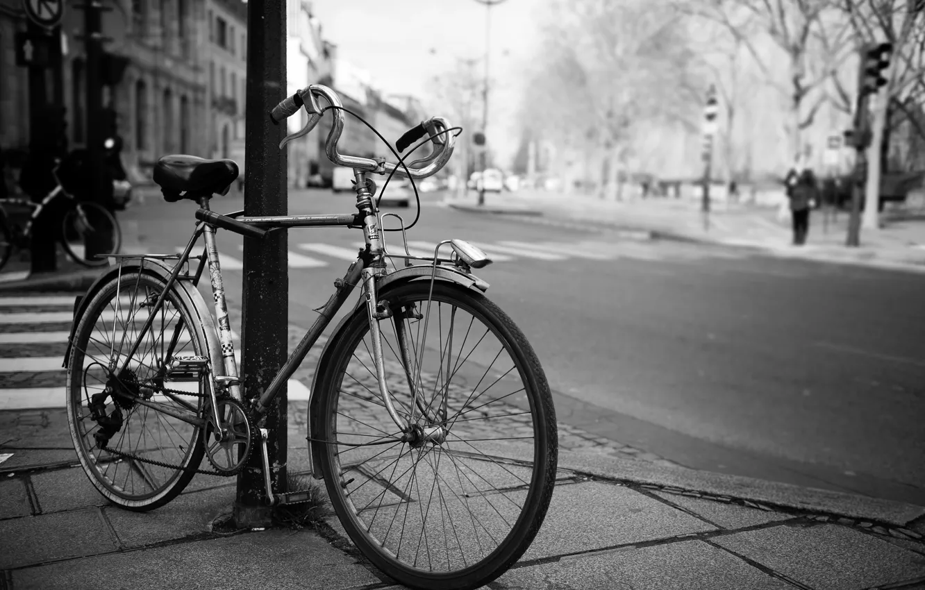 Photo wallpaper bike, the city, street, black and white